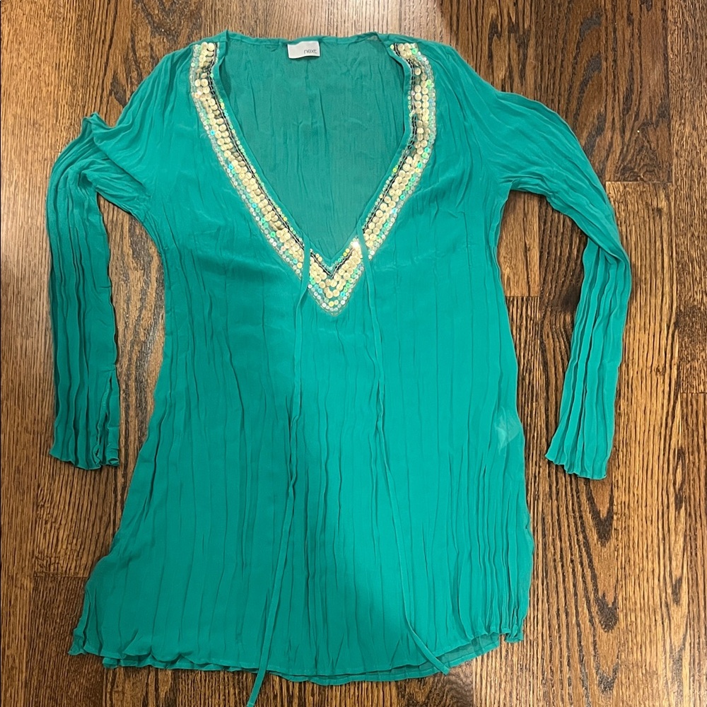 Next Teal Long Sleeve Tunic with Gold Accents beach cover up